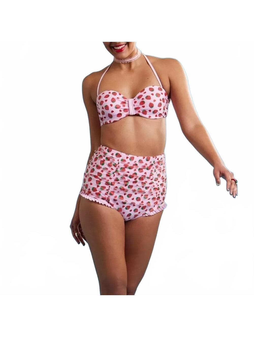 Hot Topic Strawberry Heart Mesh Halter Bikini Swimsuit Glitter Ruched Small NWT